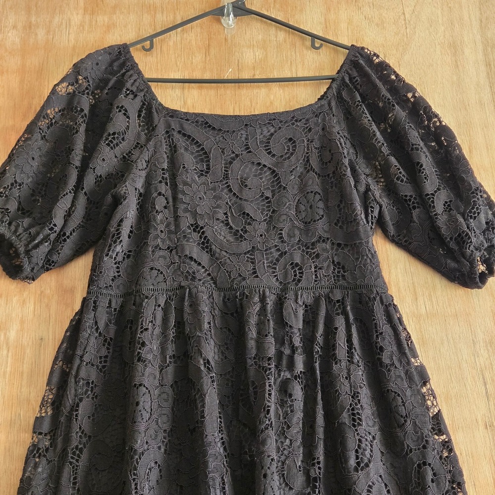 Nanette Lepore Black Whimsigoth Lace Puff Sleeve Tiered Dress Size 10
